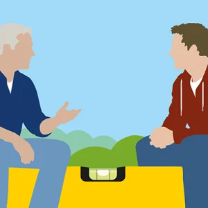 Illustration im Corporate-Stil des alpha e. V.: Zwei Personen sitzen nebeneinander im Gespräch auf einer Schaukel, die die Form einer Wasserwaage hat. Das Bild symbolisiert die gleiche Augenhöhe der beiden.