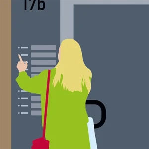 Illustration im Corporate-Stil von alpha e.V.: Eine Alpha-Mitarbeiterin klingelt an einem Mehrfamilienhaus. Aus einem Fenster schaut eine Klientin und winkt der Mitarbeiterin zu.