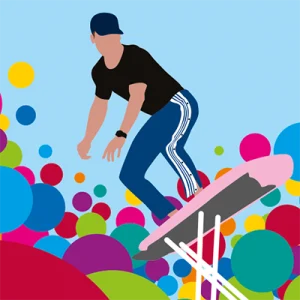 Illustration im Corporate-Stil von alpha e.V.: Eine Peson in Freizeitkleidung surft auf einem Bügelbrett durch eine Flut von bunten Therapiebällen.